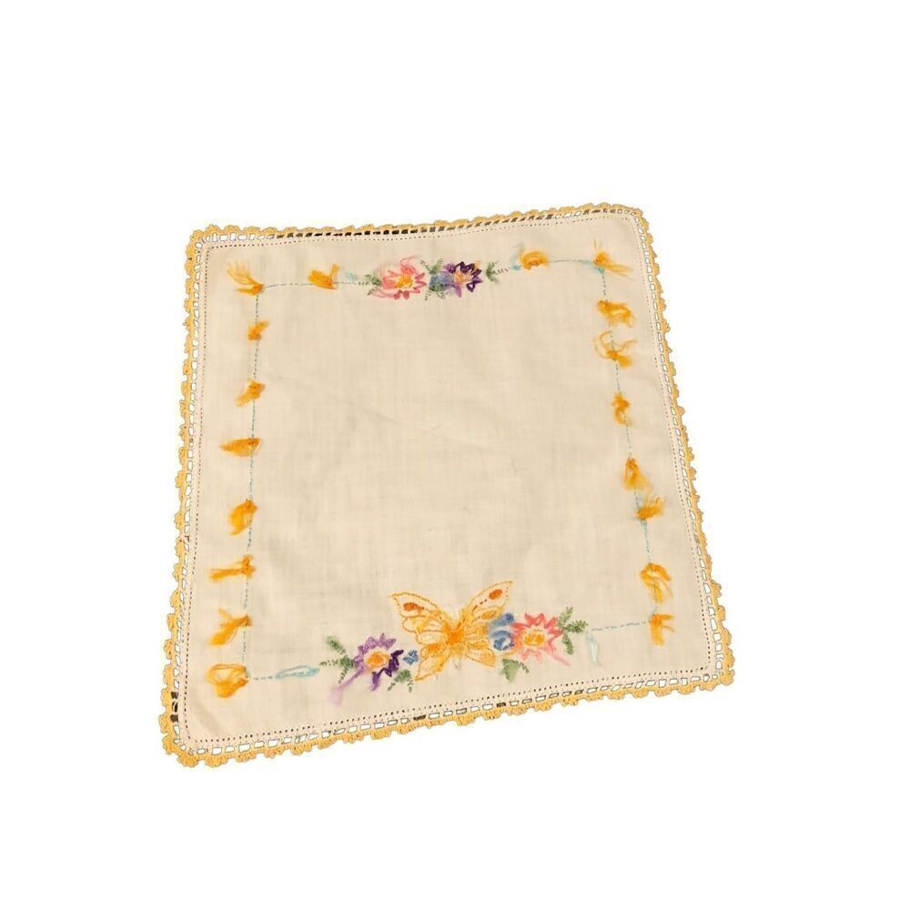 Vintage Table Top Embroidered Butterfly and Flowers Cloth Textile Fabric Square